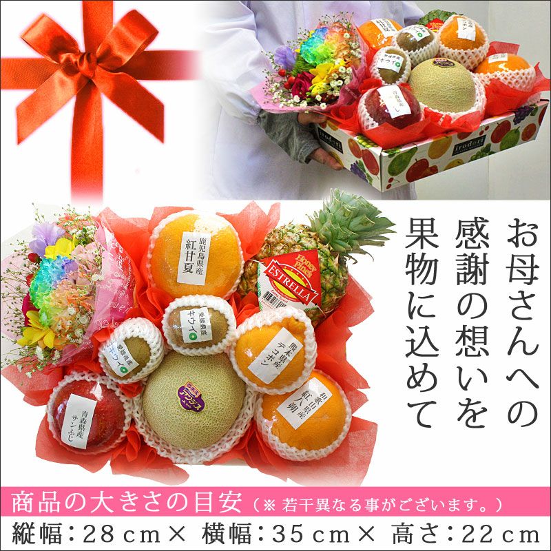 レインボーカーネーションの生花付き果物詰め合わせ